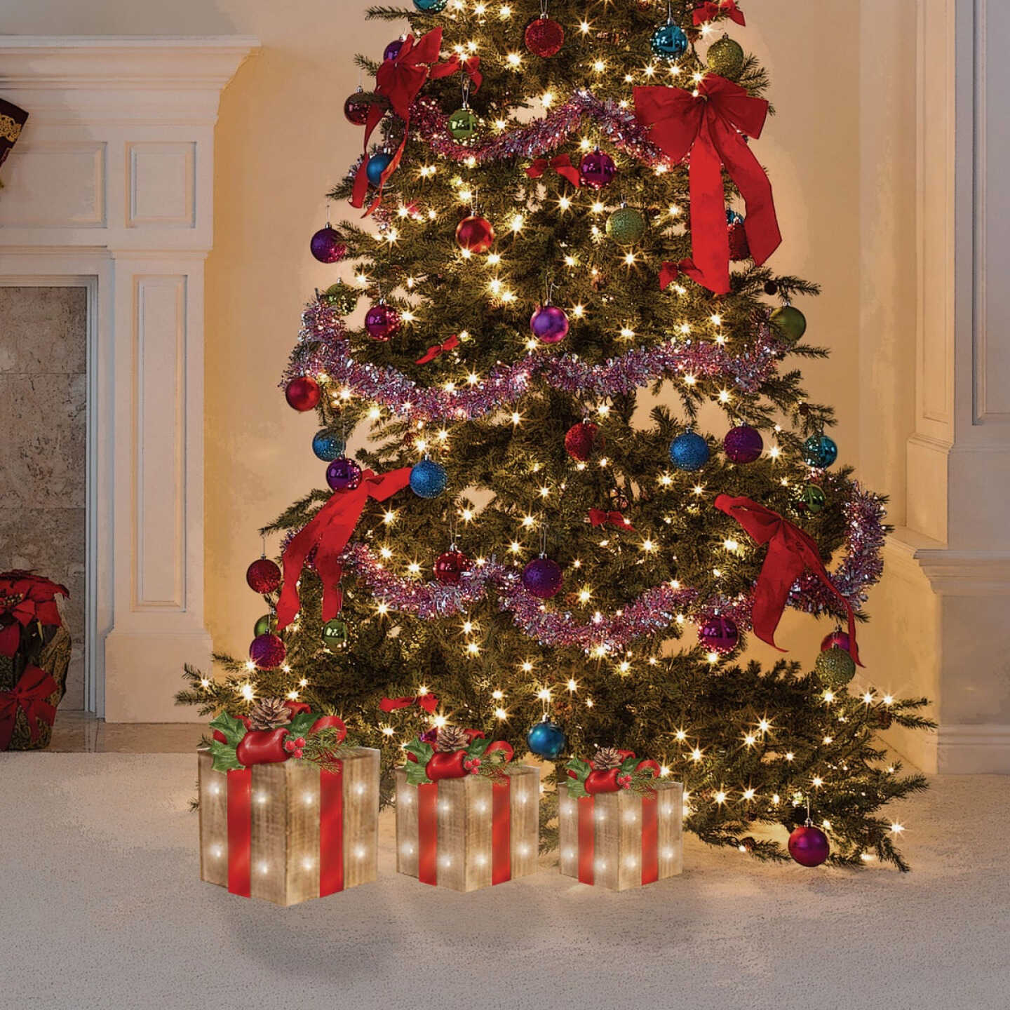 Best Sale β Alpine Warm White LED Rustic Wood With Red Ribbon β Christmas Gift Box Set (3-Piece) π― 4 Best Sale β Alpine Warm White LED Rustic Wood With Red Ribbon β Christmas Gift Box Set (3-Piece) π― - Image 2