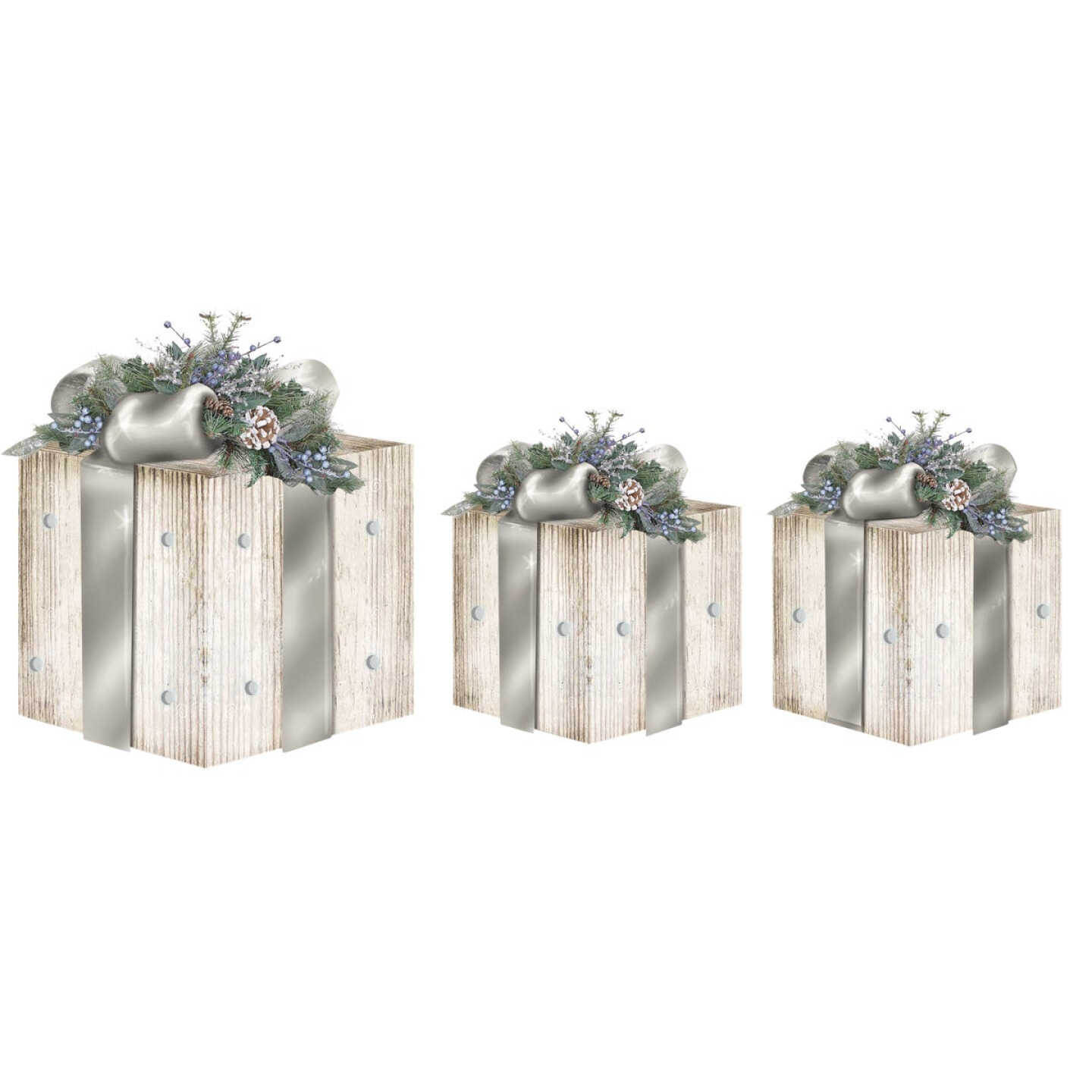 Deals π Alpine Cool White LED Distressed Wood With Silver Ribbon π Christmas Gift Box Set (3-Piece) π 3 Deals π Alpine Cool White LED Distressed Wood With Silver Ribbon π Christmas Gift Box Set (3-Piece) π